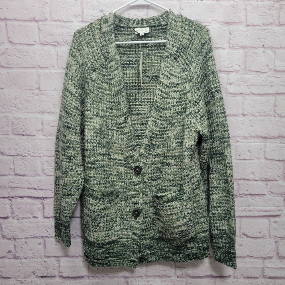 NEW Wonderly‎ V-Neck Cardigan Chunky Sweater Size 1X Heather Green Lagenlook